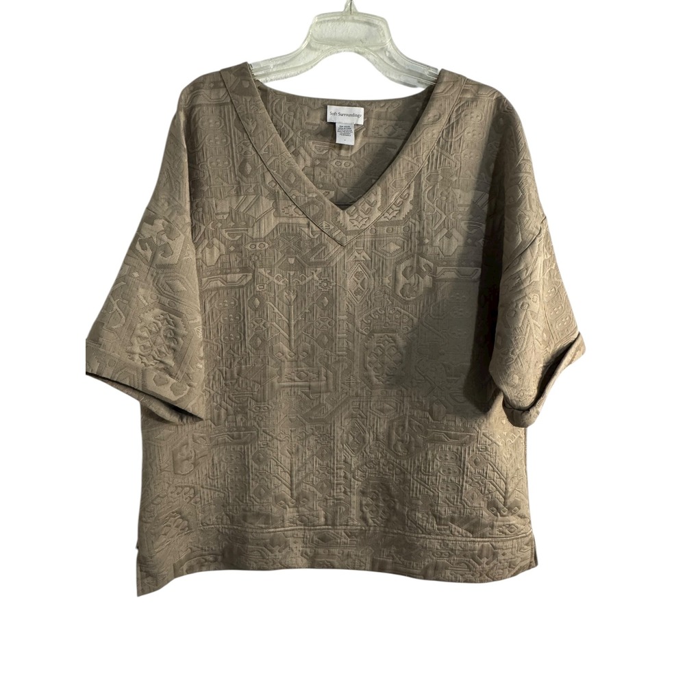 Soft Surroundings Textured‎ V Neck 3/4 Sleeve Casual Top Size L Beige